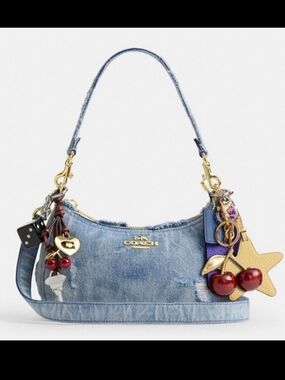 COACH Denim Mini Shoulder Bag with Charm Accents - Blue